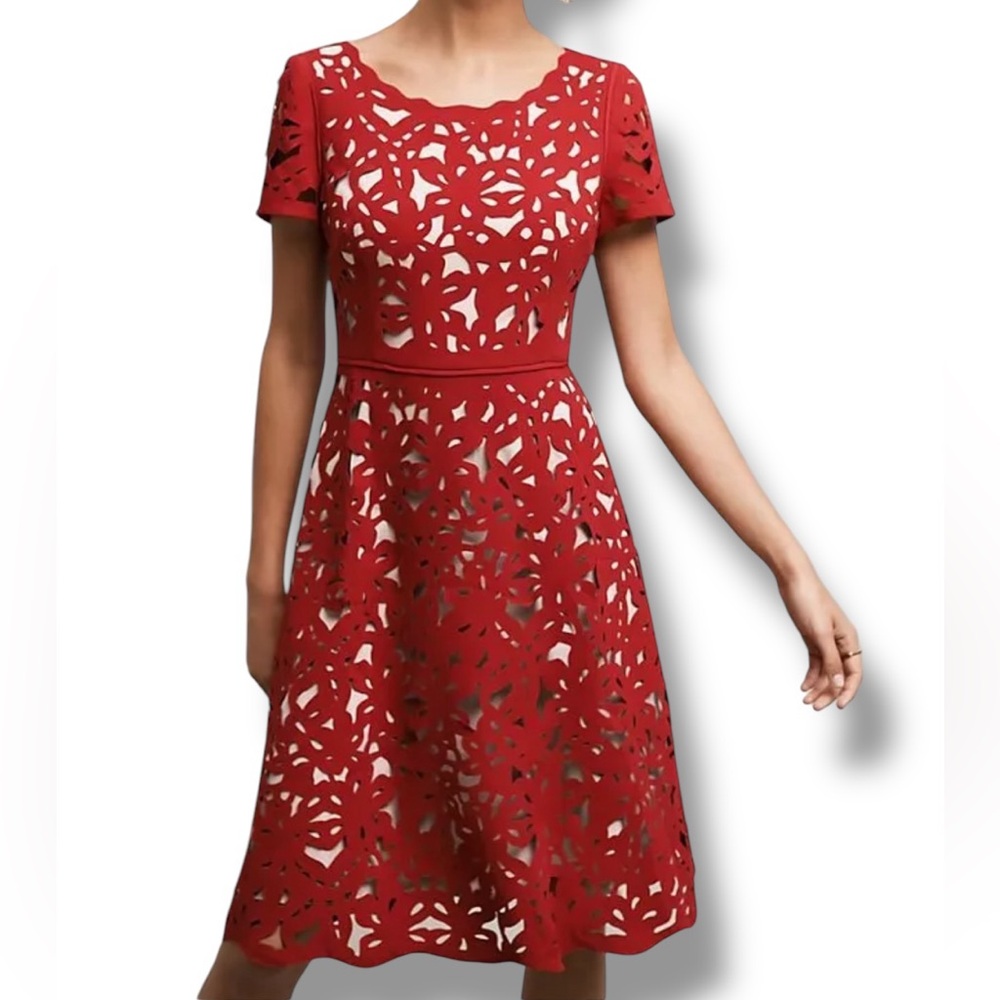 Anthropologie Moulinette Soeurs Aliz Laser Cut Red and Nude Dress